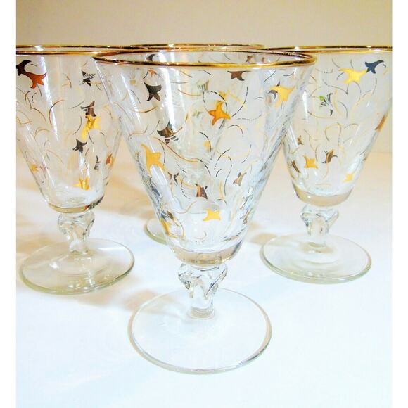 VTG Mid-Century Libbey Royal Fern Set (4) WINE / WATER GLASS Stem 3004 Gold Leaf - Picture 6 of 6